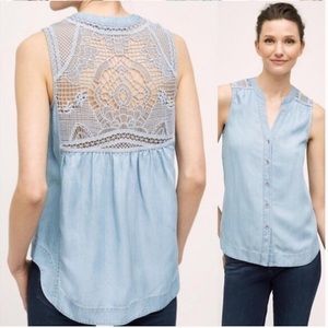 Holding Horses Chambray Lace Back Button Tank